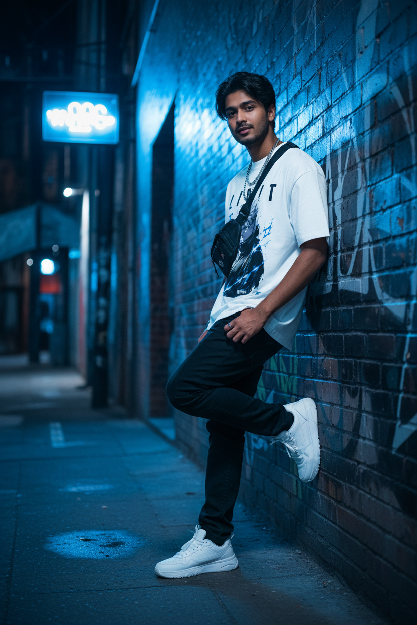 Gojo Style Blue Lightning anime oversized t-shirt lifestyle photo - urban blue hour streetwear